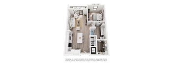 A floor plan of a small apartment with a kitchen, living room, and bathroom.