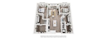 A floor plan of a two-bedroom apartment with a living room, kitchen, and bathroom.