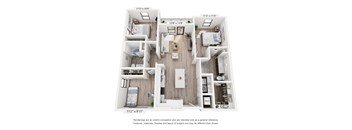 A floor plan of a two-bedroom apartment with a living room, kitchen, and bathroom.