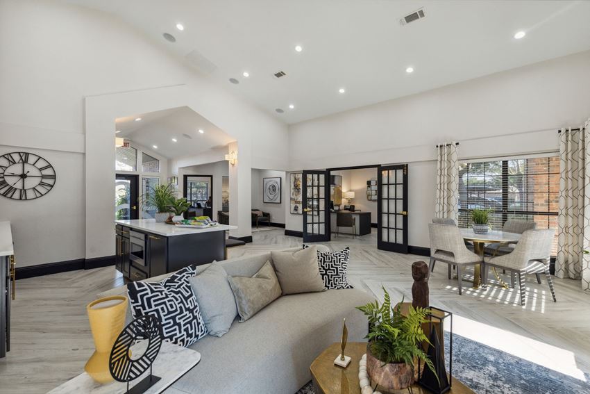 a living room with a couch and a table