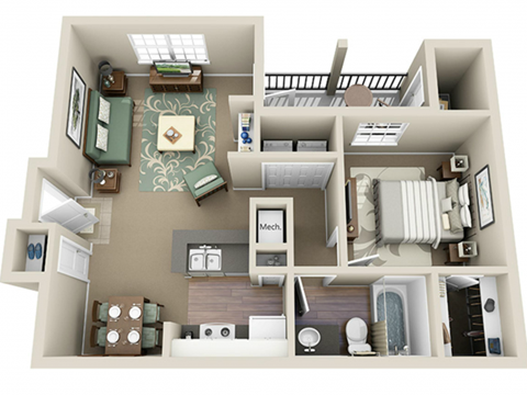 1 Bed 1 Bath - Athens (704 sq ft) Floor Plan at Parkside at South Tryon, North Carolina