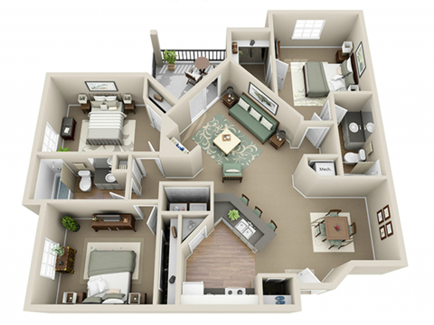 3 Bed 2 Bath - Atlanta (1273 sq ft) Floor Plan at Parkside at South Tryon, North Carolina, 28217