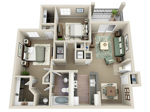 2 Bed 1 Bath - Sydney (1045 sq ft) Floor Plan at Parkside at South Tryon, Charlotte, North Carolina