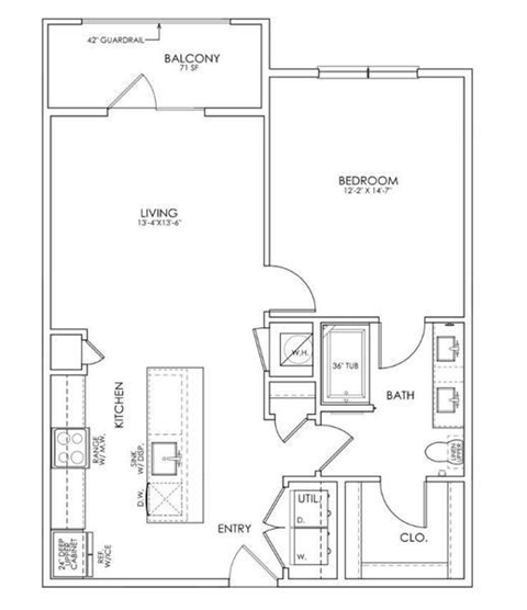 a schematic floor plan of a 1 bedroom apartment at Hunters Creek Apartments, Denton, TX