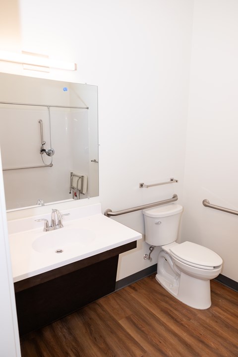 A white toilet sits next to a sink in a bathroom.