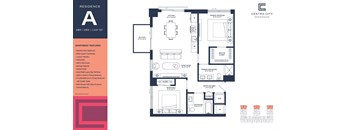 A floor plan for a residence with a living room, dining room, kitchen, and two bathrooms.