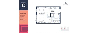 A floor plan for a residence at Centro City showing the layout of the studio apartment.