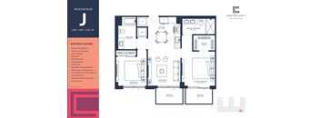 A floor plan for a residence with a living room, two bedrooms, a bathroom, and a kitchen.