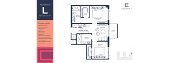 A floor plan of a residence with a living room, two bedrooms, a bathroom, and a kitchen.