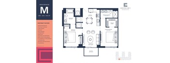 A floor plan of a residence with a living room, dining room, kitchen, and two bedrooms.