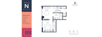 A floor plan of a residence with a kitchen, living room, and bathroom.