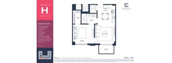 A floor plan for a residence with a living room, dining room, kitchen, and bathrooms.