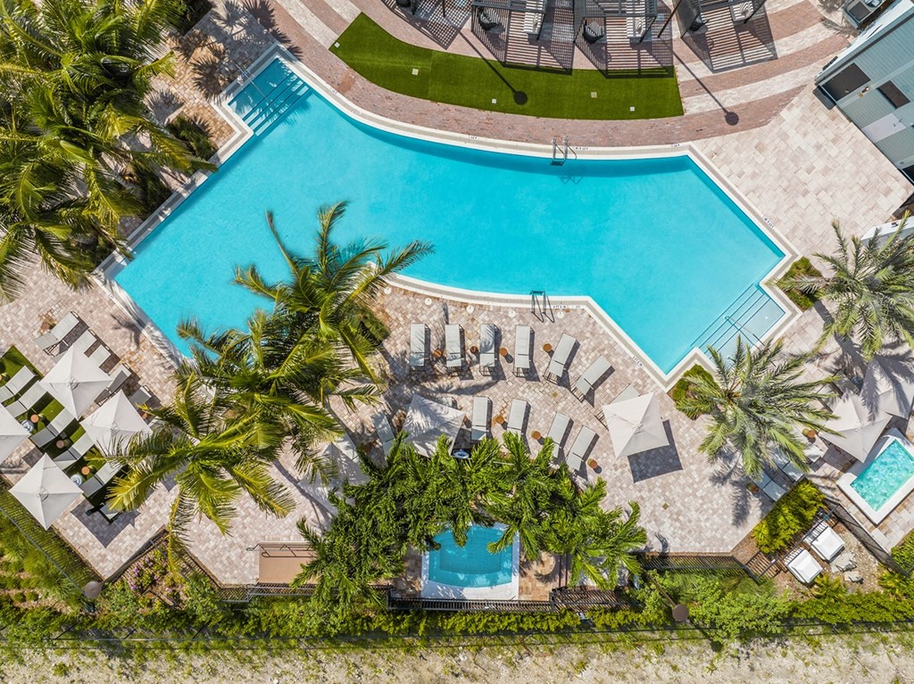 an aerial view of a pool with palm trees