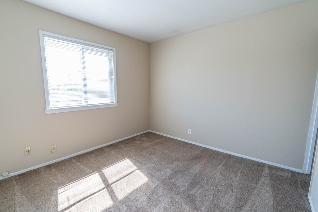 a bedroom with a carpeted floor and a window