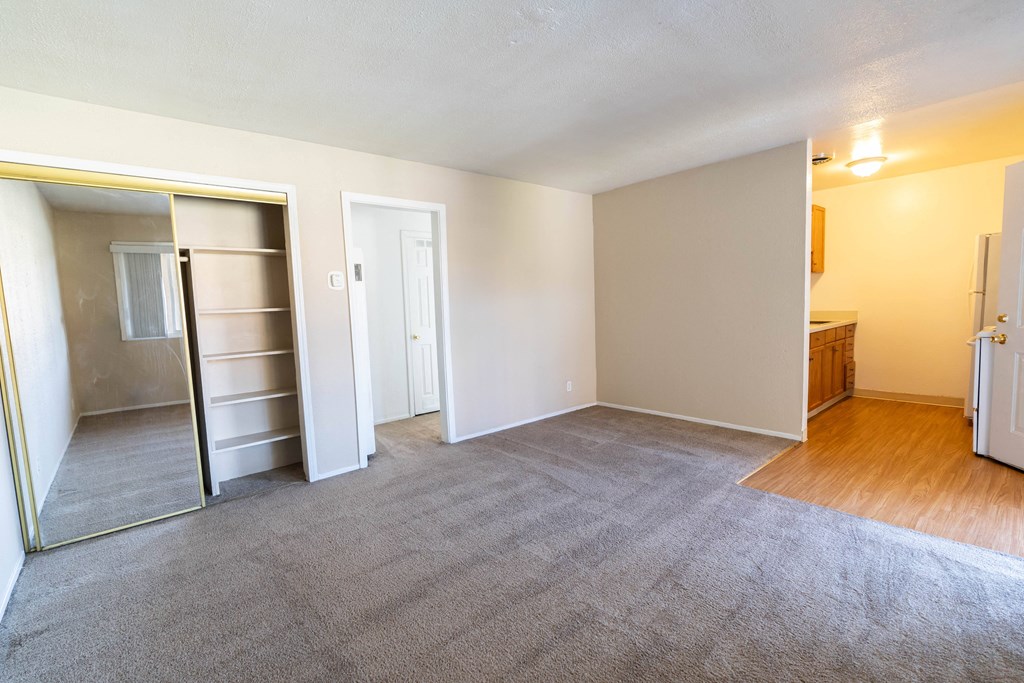 a living room with a carpeted floor and a kitchen in the background