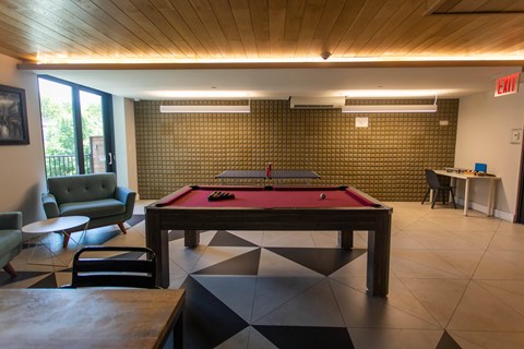 A room with a pool table and a green couch.