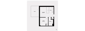 A black and white floor plan of a house with a balcony, living/dining area, kitchen, bathroom, and bedroom.