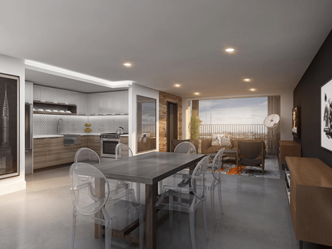 A modern dining room with a large table and chairs.