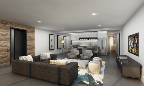 A modern living room with a brown sofa and a wooden wall.