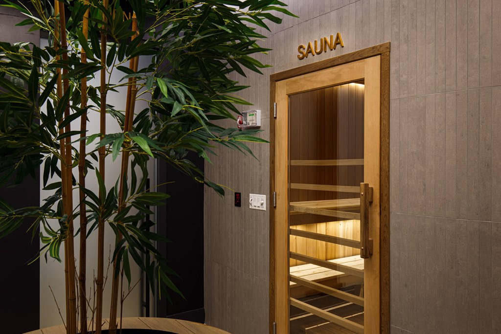 a wooden door to a sauna with a plant next to it