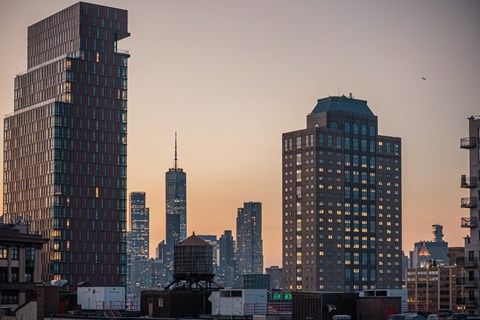 City skyline view at dusk from property at 260 Gold Apartments, Brooklyn, NY