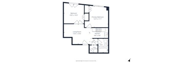 A floor plan of a home with a living room, kitchen, two bathrooms, and two bedrooms.