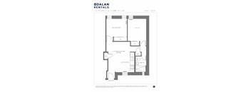 A Dalan Rentals floor plan for a 2 bedroom, 1 bathroom apartment.