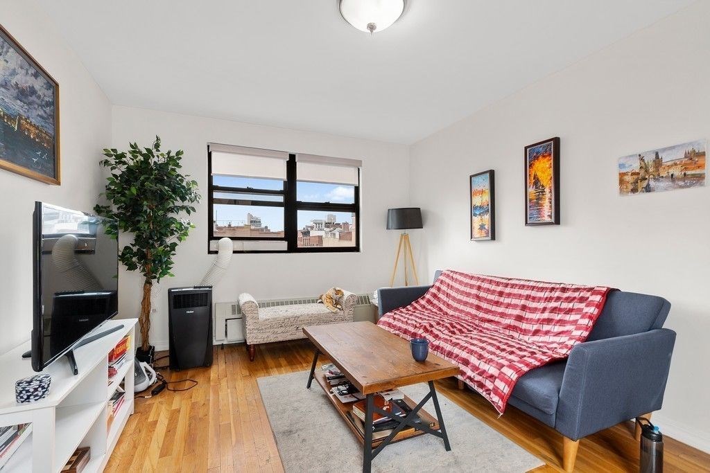 A living room with a couch, a television, and a plant.