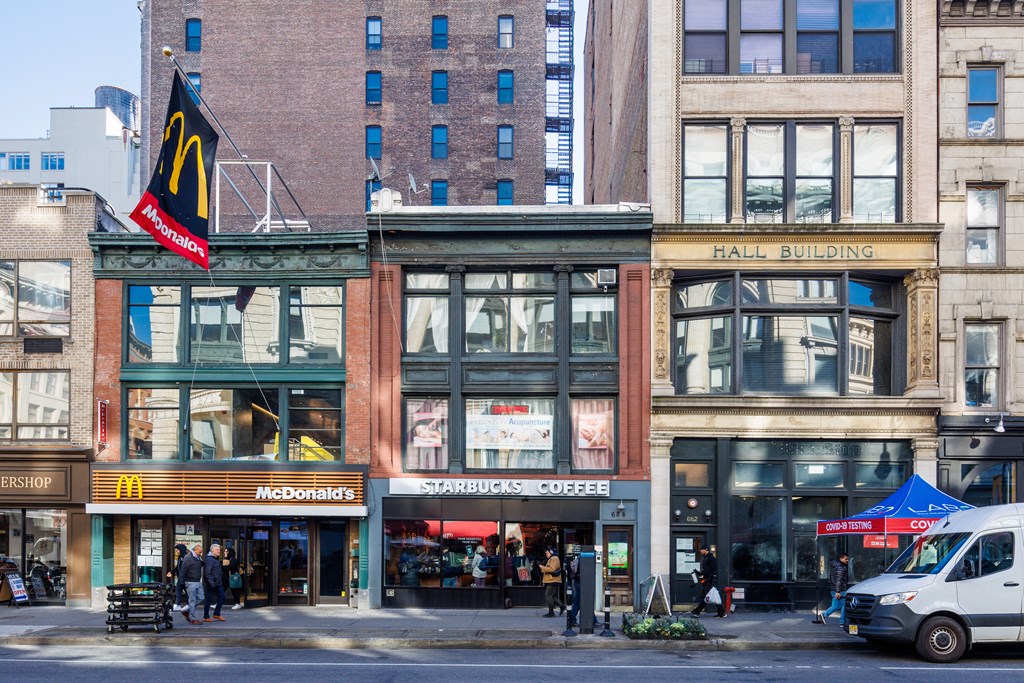 the facade of a building on a city street