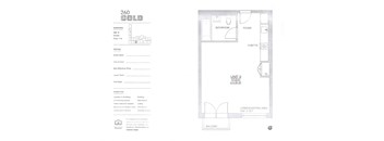 A floor plan and details for a studio apartment at 260 GOLD.