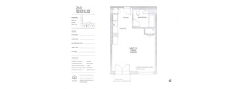 A floor plan for a studio apartment with a living/sleeping area, bathroom, kitchenette, and closet.