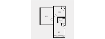 A black and white floor plan of a house with a bedroom, bathroom, and kitchen.