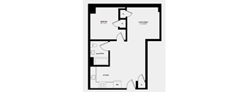 A black and white image of a floor plan for a home with a bedroom, bathroom, kitchen, and living/dining area.