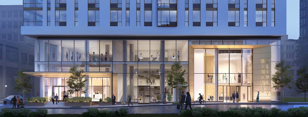 a rendering of the lobby of a building with glass walls at The Lively, Jersey City, 07302