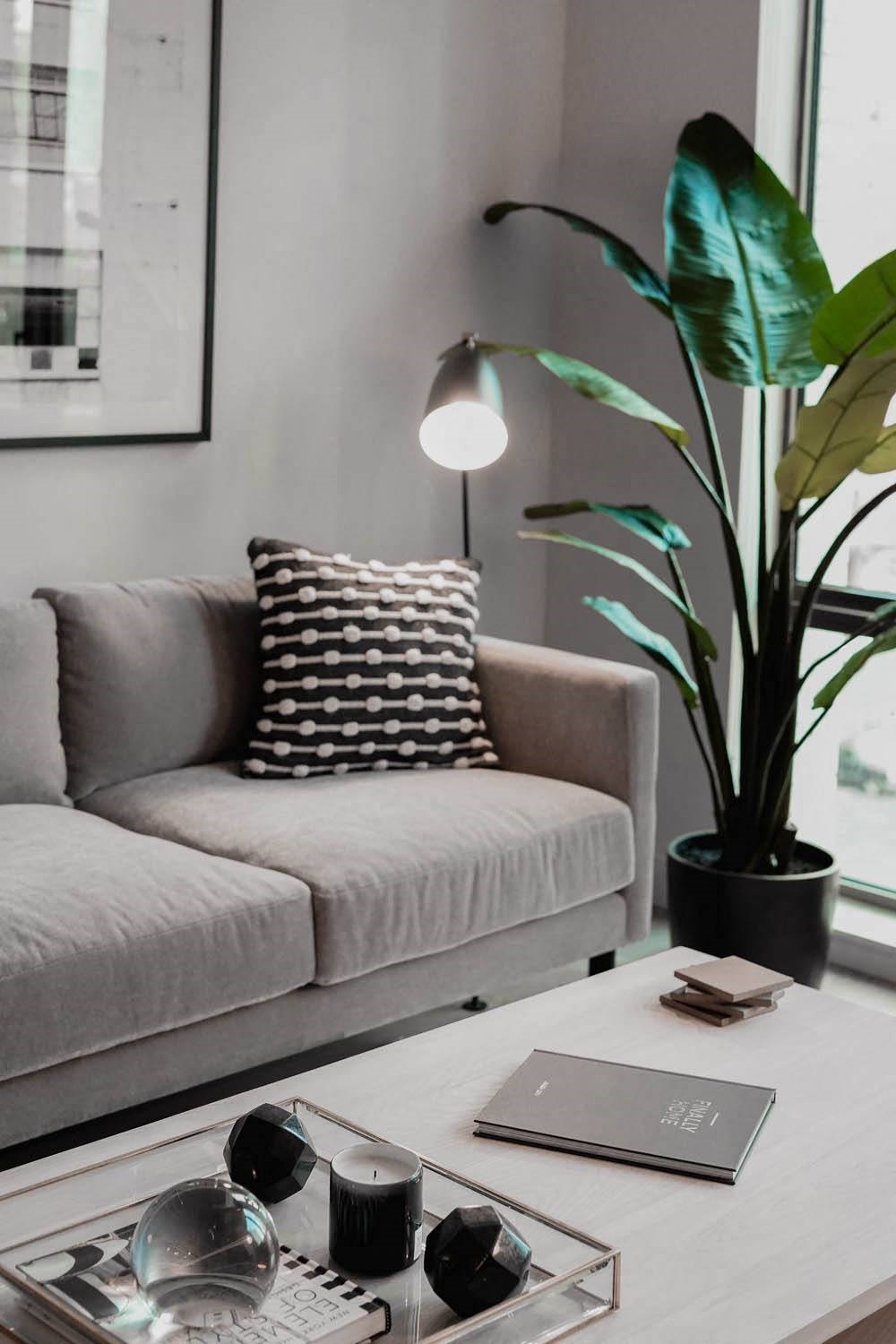 a living room with a couch and a coffee table and a plant at The Lively, Jersey City, NJ