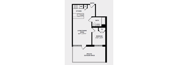 A floor plan of a small apartment with a living room, bedroom, kitchen, and bathroom.