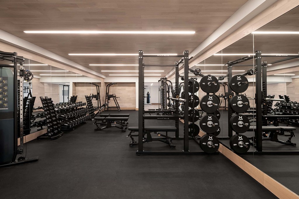 a gym with a lot of weights and cardio equipment at The Paxton, Brooklyn, 11201
