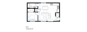 A floor plan of a 1 bedroom unit at 635 SF.