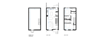 Three floor plans for a two-story building.