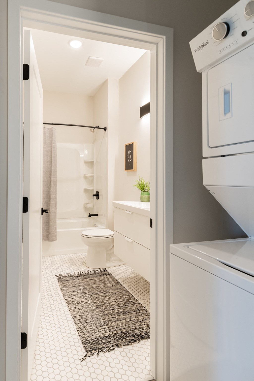 a white bathroom with a shower and a toilet and a rug