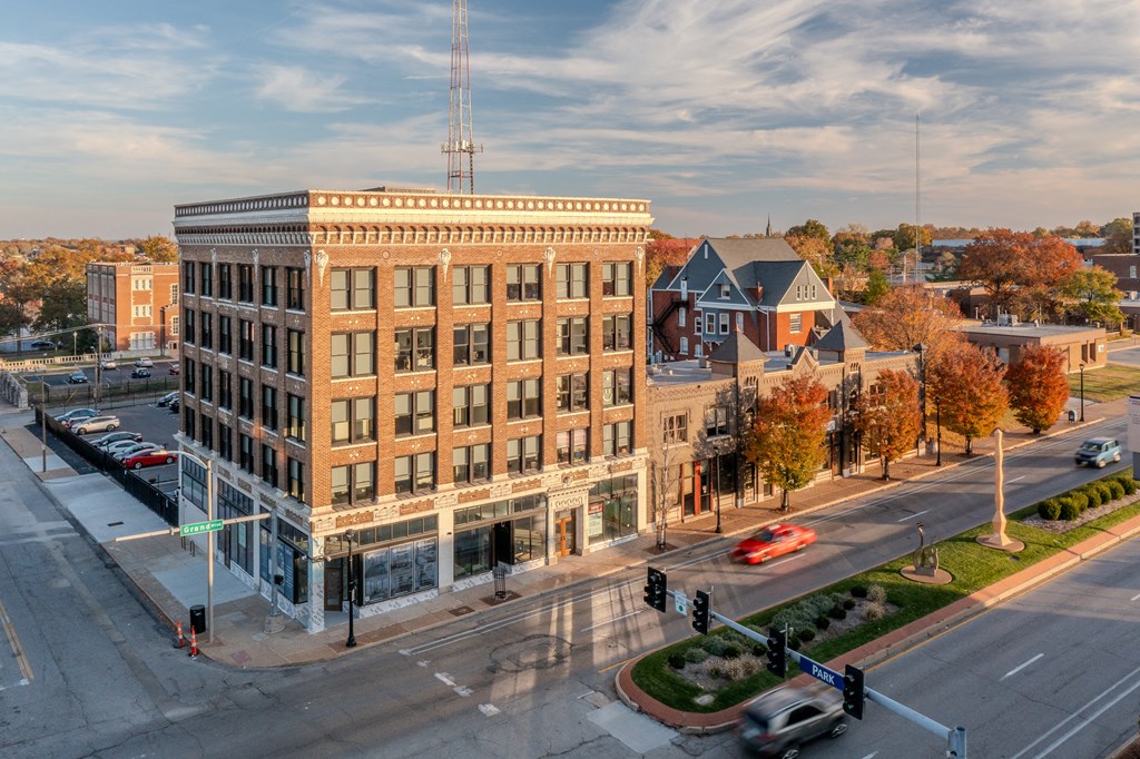 an aerial view of a building on the corner of a city street at The Nicholas, St Louis, MO 63104