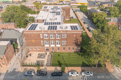 an aerial view of the administration building