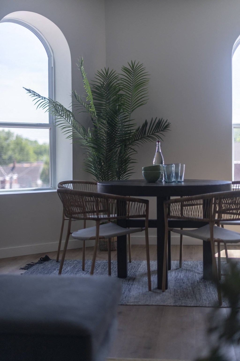 a dining room with a table and chairs and a plant