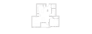 A floor plan of a house with a living room, two bedrooms, a bathroom, and a kitchen.