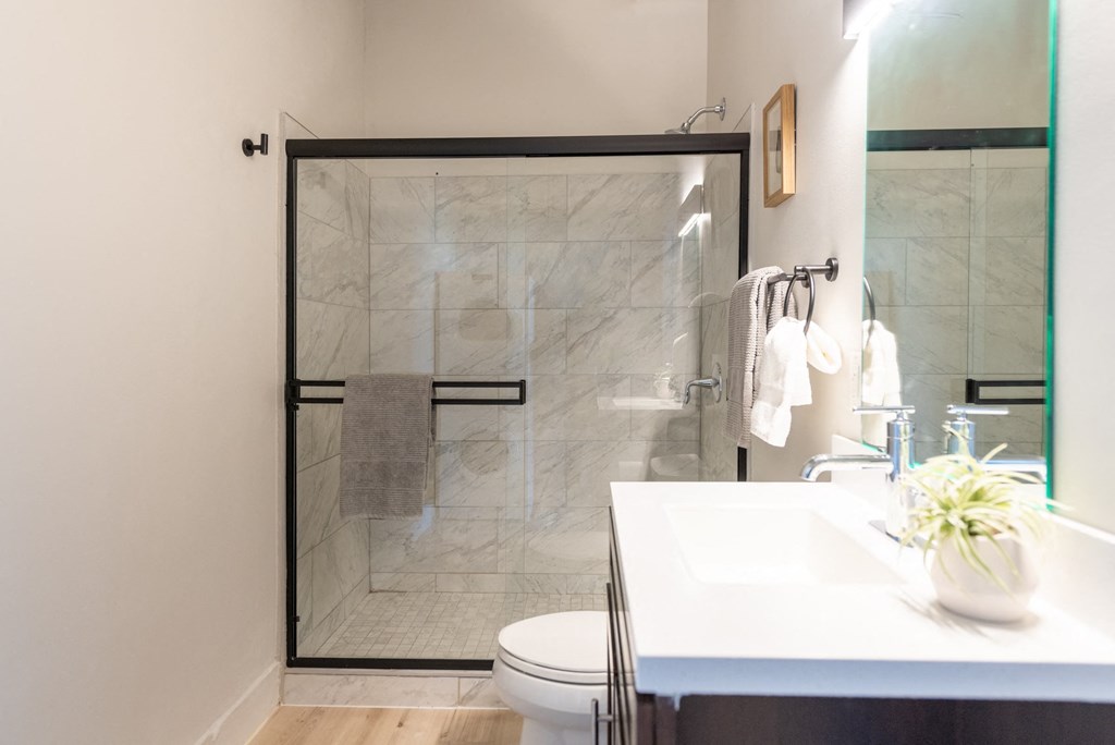 a bathroom with a white sink and toilet next to a shower with a glass door at The 22 Apartments, St. Louis Missouri