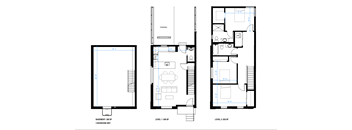 A set of three architectural floor plans showing a basement, first and second level.