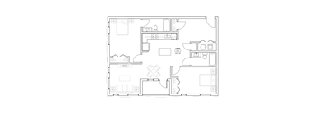 A floor plan of a house with a kitchen, living room, and two bedrooms.
