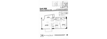 A floor plan for a McGowan Walsh loft unit X06 with two bedrooms and two bathrooms.