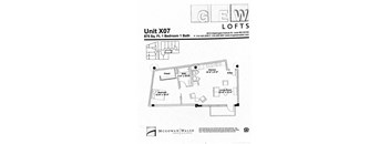 A drawing of a floor plan for a unit at GEW Lofts.