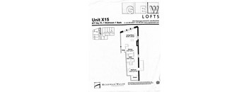 A drawing of a floor plan for a one bedroom apartment.